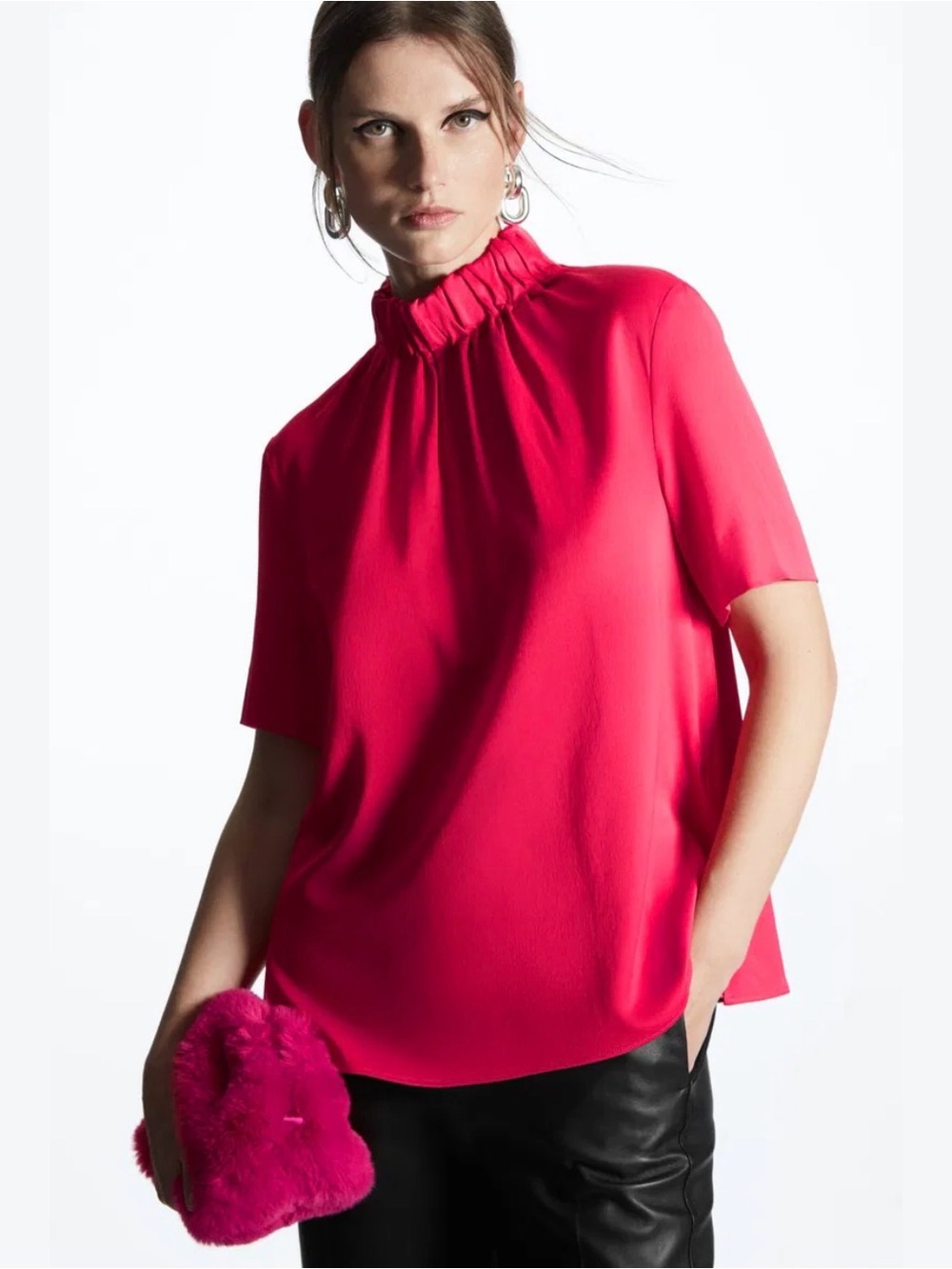 COS High-Neck Gathered Short Sleeve Blouse Top Fuchsia SZ 14